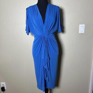 Modern Grecian Draped Size 6 Stretch Jersey Midi Dress in Cobalt Blue